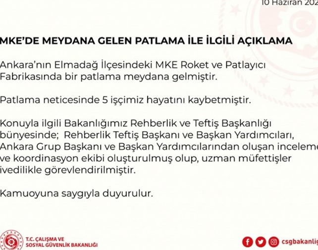 MKE'de Meydana Gelen Patlama ile İlgili Açıklama